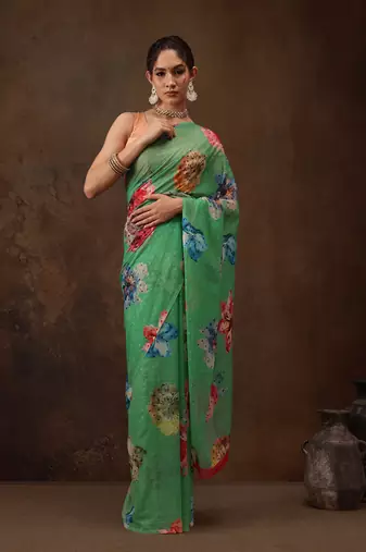 Green Floral Digital Printed Chiffon Saree