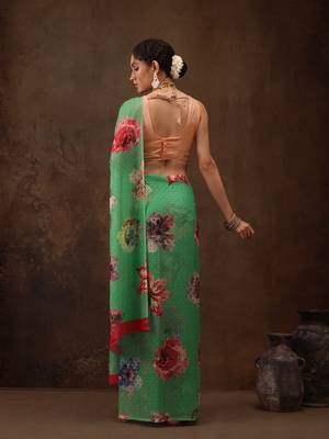 Green Floral Digital Printed Chiffon Saree 3