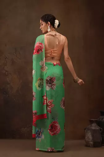 Green Floral Digital Printed Chiffon Saree
