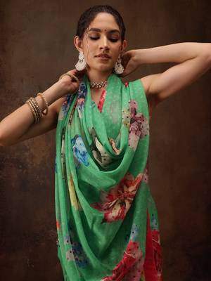Green Floral Digital Printed Chiffon Saree 4