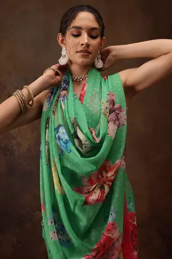 Green Floral Digital Printed Chiffon Saree