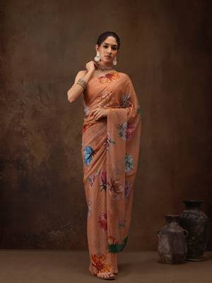 Peach Floral Digital Printed Chiffon Saree 1