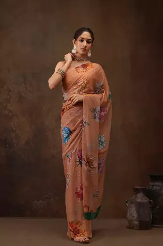 Peach Floral Digital Printed Chiffon Saree