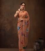 Peach Floral Digital Printed Chiffon Saree