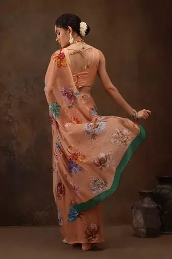 Peach Floral Digital Printed Chiffon Saree