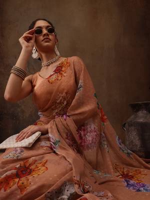 Peach Floral Digital Printed Chiffon Saree 3