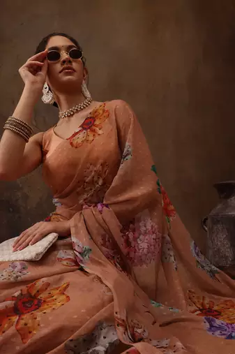 Peach Floral Digital Printed Chiffon Saree