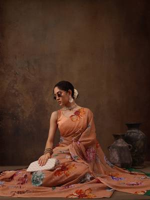 Peach Floral Digital Printed Chiffon Saree 4