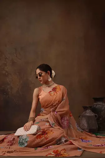 Peach Floral Digital Printed Chiffon Saree
