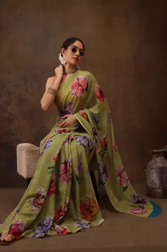 Mahendi Floral Digital Printed Chiffon Saree
