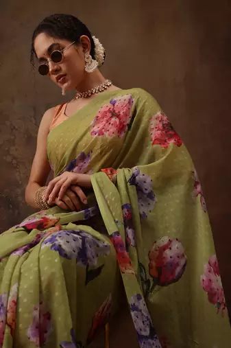Mahendi Floral Digital Printed Chiffon Saree