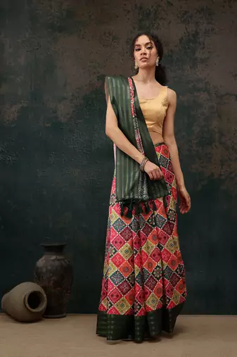 Multicolor Bandhani Digital Printed Soft Silk Blend Saree