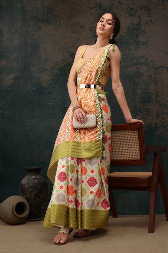 Multicolor Bandhani Digital Printed Soft Silk Blend Saree
