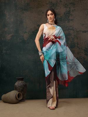 Brown Floral Digital Printed Polyester Saree 1