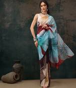 Brown Floral Digital Printed Polyester Saree