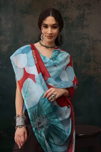 Brown Floral Digital Printed Polyester Saree