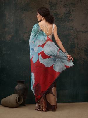 Brown Floral Digital Printed Polyester Saree 3