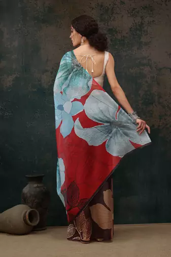 Brown Floral Digital Printed Polyester Saree