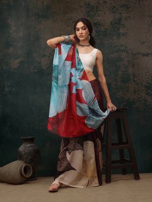Brown Floral Digital Printed Polyester Saree 4