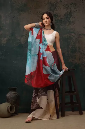 Brown Floral Digital Printed Polyester Saree