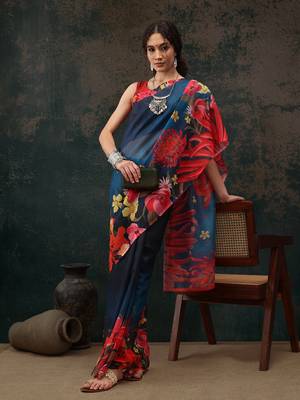 Royal Blue Floral Digital Printed Polyester Saree 1