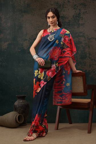 Royal Blue Floral Digital Printed Polyester Saree