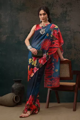 Royal Blue Floral Digital Printed Polyester Saree