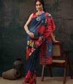 Royal Blue Floral Digital Printed Polyester Saree