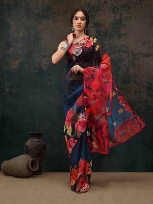 Royal Blue Floral Digital Printed Polyester Saree 2