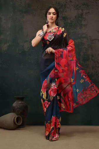 Royal Blue Floral Digital Printed Polyester Saree