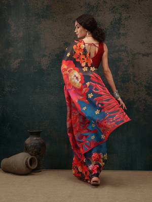 Royal Blue Floral Digital Printed Polyester Saree 3