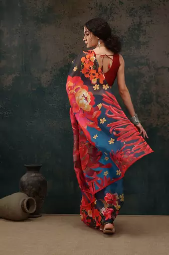 Royal Blue Floral Digital Printed Polyester Saree
