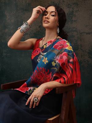 Royal Blue Floral Digital Printed Polyester Saree 4