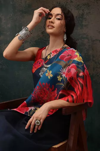 Royal Blue Floral Digital Printed Polyester Saree