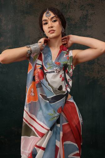 Multicolor Abstract Digital Printed Polyester Saree