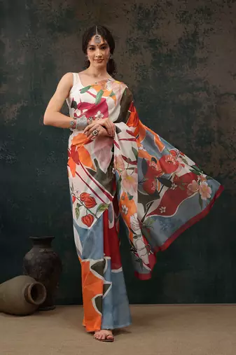Multicolor Abstract Digital Printed Polyester Saree