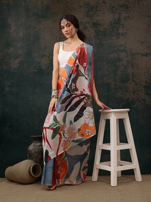 Multicolor Abstract Digital Printed Polyester Saree 4
