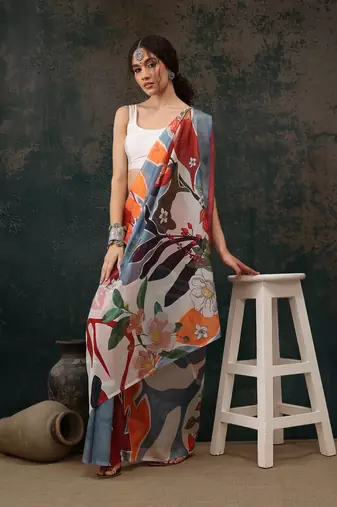 Multicolor Abstract Digital Printed Polyester Saree