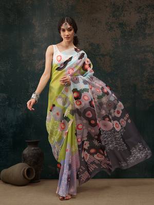 Parrot Green Abstract Digital Printed Polyester Saree 1