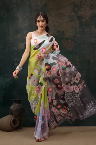 Parrot Green Abstract Digital Printed Polyester Saree