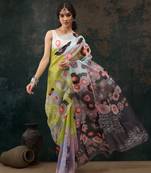 Parrot Green Abstract Digital Printed Polyester Saree
