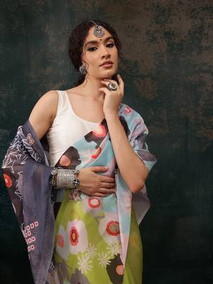 Parrot Green Abstract Digital Printed Polyester Saree 2