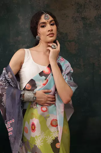 Parrot Green Abstract Digital Printed Polyester Saree