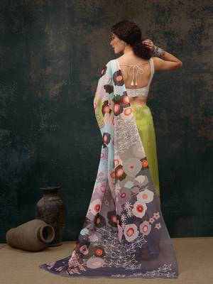 Parrot Green Abstract Digital Printed Polyester Saree 3