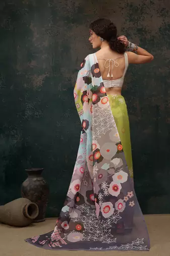 Parrot Green Abstract Digital Printed Polyester Saree
