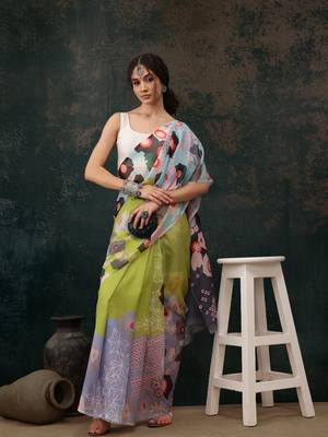 Parrot Green Abstract Digital Printed Polyester Saree 4