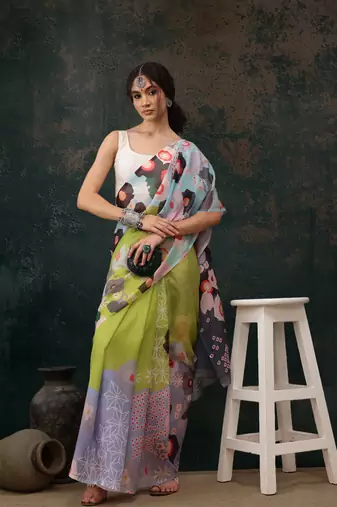 Parrot Green Abstract Digital Printed Polyester Saree