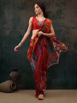 Brown Abstract Digital Printed Polyester Saree 1