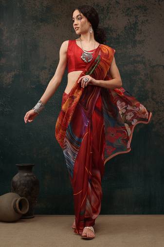 Brown Abstract Digital Printed Polyester Saree