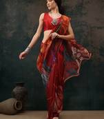 Brown Abstract Digital Printed Polyester Saree